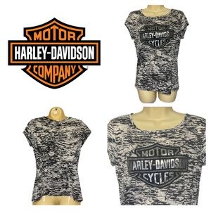 Harley-Davidson Women's Black & White Print Shirt with Wide Neck - Size L